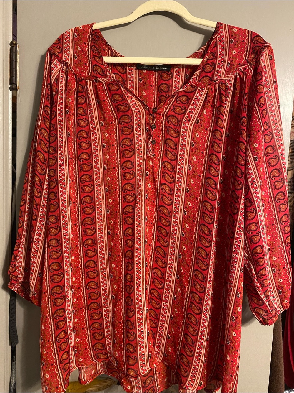 Rose & Olive Red Paisley-Striped Tunic Blouse